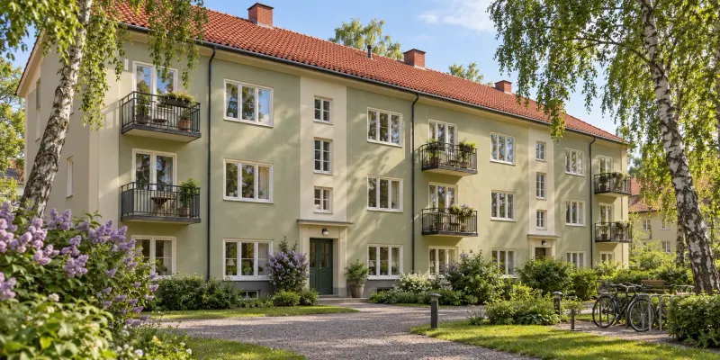 AI-genererad inspiration: svenskt flerbostadshus med putsad fasad och grön gård