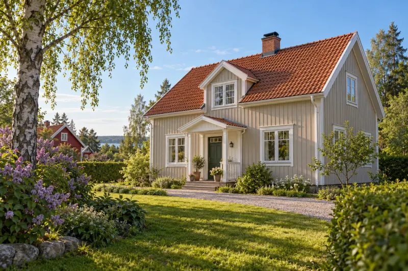 Illustrativ svensk trävilla med nymålad greige fasad och vita foder